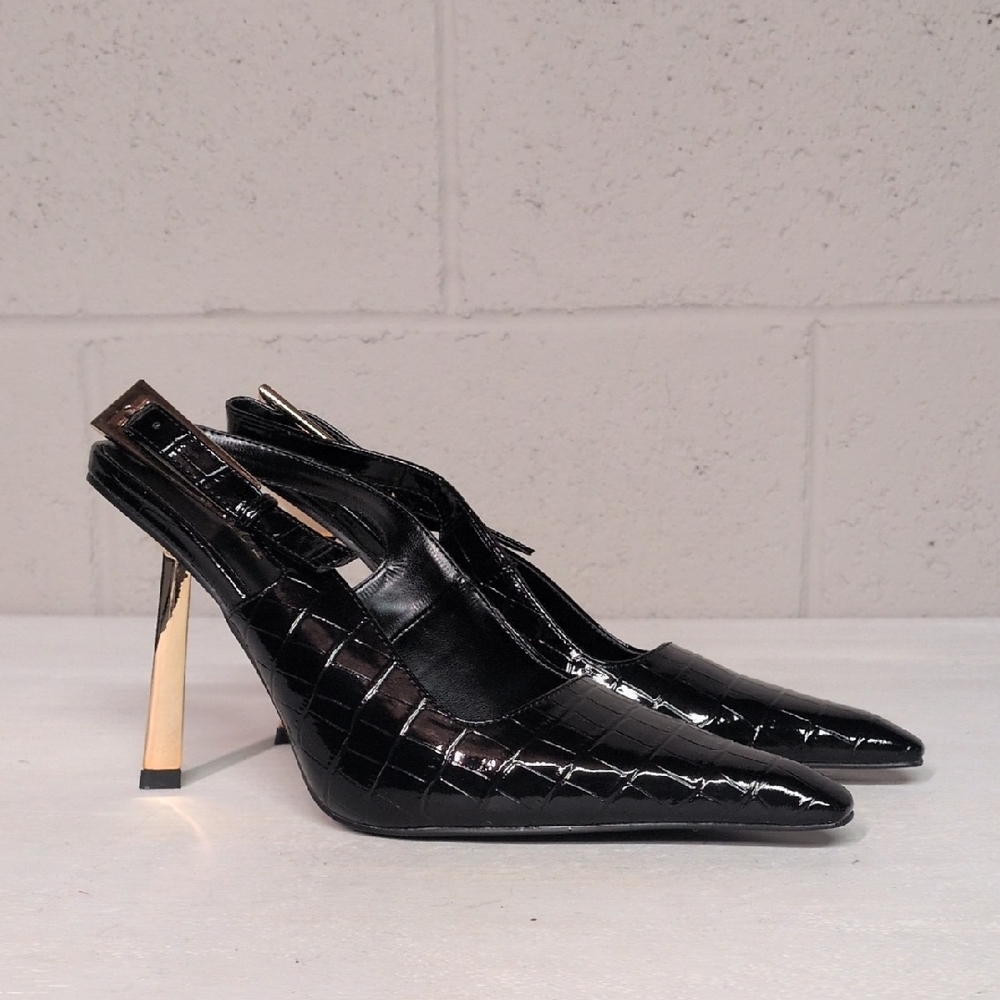 90s Minimalism Black Crocodile Slingback Heel Stiletto Size 7, CBK Style - Picture 2 of 8